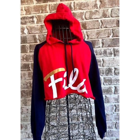 Fila Tops - NWOT Fila Cropped Hoodie Large Red Navy Drawstring Logo Fleece Lined Swe…